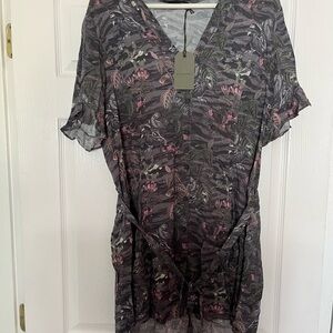 All Saints Gray and Pink Patterned V-Neck Top